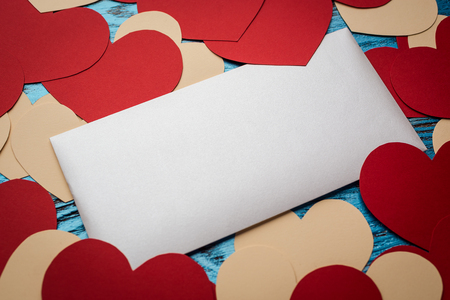 Valentines day background decorated with red hearts and love card/copy spaceの写真素材