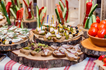 holiday buffet table served by different canape, sandwiches, snacks ready for eating in restaurant. Traditional Ukrainian foodの写真素材