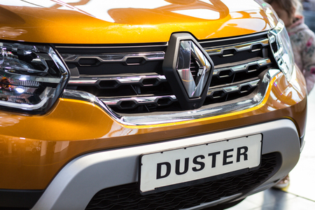 Vinnitsa, Ukraine - April 20, 2018. Renault  DUSTER concept car - presentation in showroom. Logoのeditorial素材