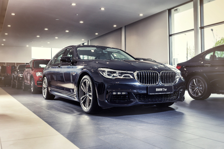 24 of April, 2018 - Vinnitsa, Ukraine. BMW 750i  presentation in showroom. Front viewのeditorial素材