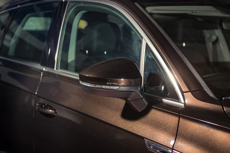 03 of October, 2018 - Vinnitsa, Ukraine. New Volkswagen Touareg  presentation in showroom - side mirrorのeditorial素材