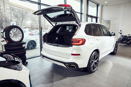 08 of Fabruary, 2018 - Vinnitsa, Ukraine. New BMW X5 car presentation in showroom - trunk