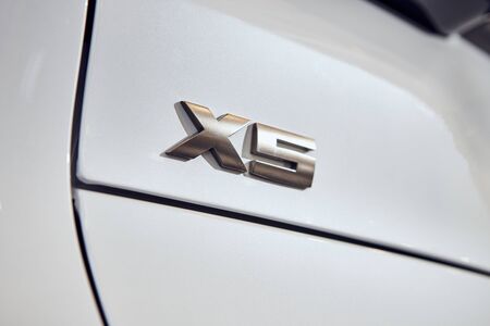 08 of Fabruary, 2018 - Vinnitsa, Ukraine. New BMW X5 car presentation in showroom - official logo...