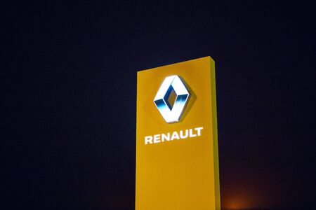 Vinnitsa, Ukraine - March 21, 2018. Renault Kadjar - new model car presentation in showroom - logoのeditorial素材