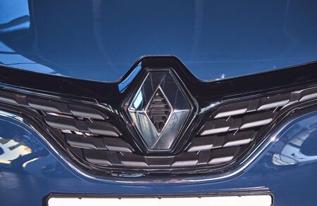 Vinnitsa, Ukraine - April 02, 2019. Renault Captur - new model car presentation in showroom - logoのeditorial素材