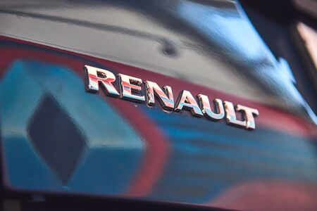 Vinnitsa, Ukraine - April 02, 2019. Renault Captur - new model car presentation in showroom - logoのeditorial素材