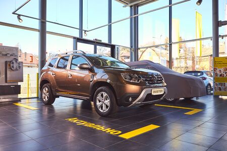 Vinnitsa, Ukraine - April 02, 2019. Renault Duster - new model car presentation in showroom - front viewのeditorial素材