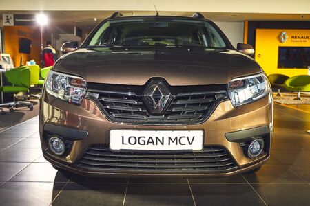 Vinnitsa, Ukraine - April 02, 2019. Renault Logan MCV - new model car presentation in showroom - front viewのeditorial素材