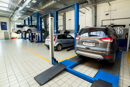 Vinnitsa, Ukraine - August 01, 2017. Service center in process of car maintenanceのeditorial素材