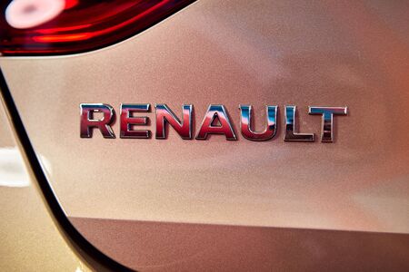 Vinnitsa, Ukraine - August 07, 2019. Renault Megane - new model car presentation in showroom - logoのeditorial素材