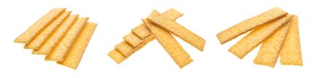 Collage with tasty diet food crisp bread isolated on white background
