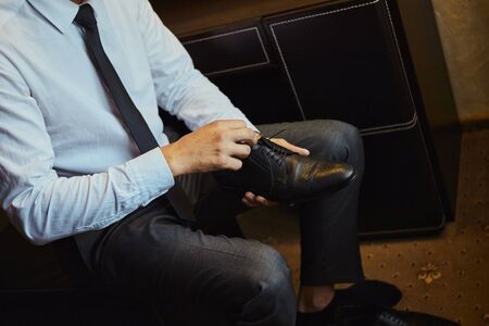 businessman clothes shoes, man getting ready for work,groom morning before wedding ceremony. Men Fashionの写真素材