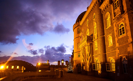 Pena Palace in Sintra, Lisbon, Portugal in the night lights. Famous landmark. Most beautiful castles in Europeのeditorial素材