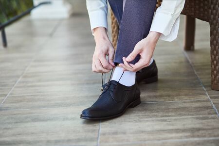 businessman clothes shoes, man getting ready for work,groom morning before wedding ceremony. Men...