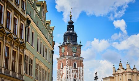 View on the town hall tower in summer morning. Krakow, Poland.
