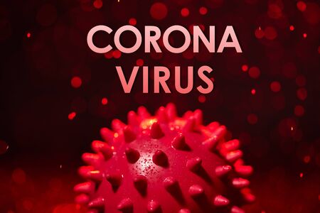 Coronavirus, COVID-19 SARS,Coronaviridae , SARS-CoV, SARSCoV, virus 2020 , MERS-CoV ,chinese virus 2019-nCoV. Virus molecule concept on red background and water splashの写真素材