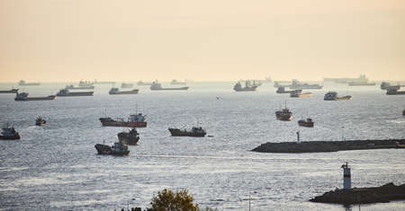 ISTANBUL / TURKEY - OCTOBER 10, 2019: Cargo tanker in the Bosphorus. The strait connects the Black and Marmara seasのeditorial素材