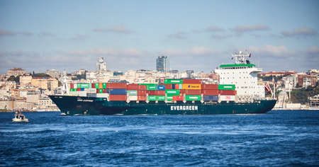 ISTANBUL / TURKEY - OCTOBER 13, 2019: Cargo tanker in the Bosphorus. The strait connects the Black and Marmara seasのeditorial素材