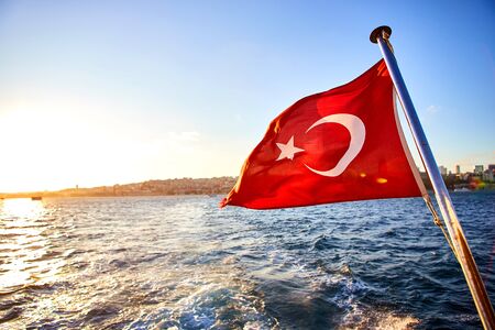 Turkey flag and Istanbul view - travel backgroundの写真素材