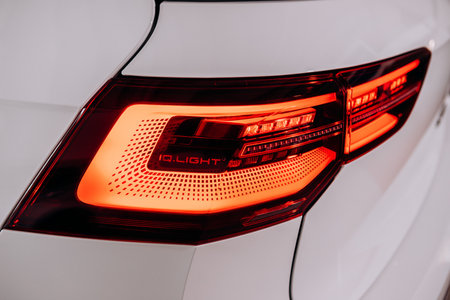 Vinnitsa, Ukraine - June 01, 2021.  Volkswagen Golf 8 GTI - new model car presentation in showroom - rear LED lightsのeditorial素材