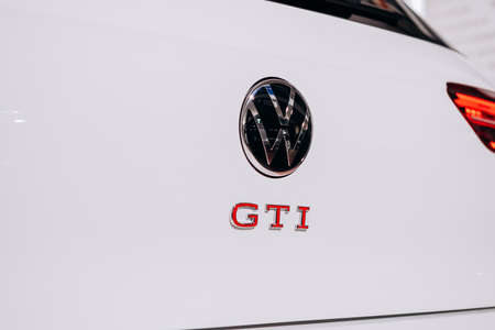 Vinnitsa, Ukraine - June 01, 2021.  Volkswagen Golf 8 GTI - new model car presentation in showroom - logoのeditorial素材