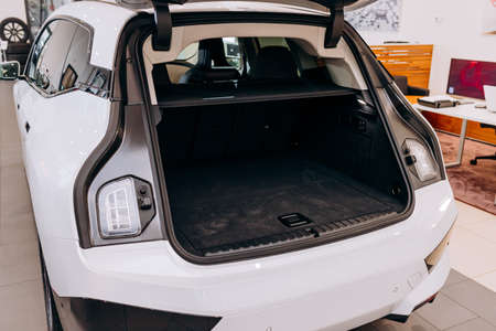 Vinnitsa, Ukraine - January 14, 2022. BMW IX - new model all-electric SUV car presentation in showroom - trunkのeditorial素材