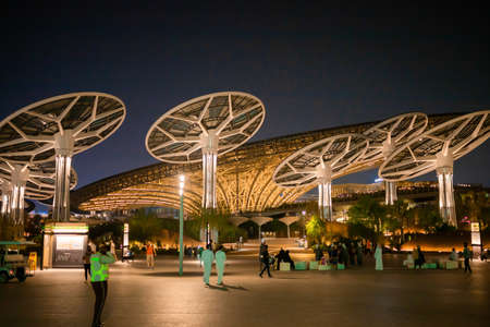 Dubai, United Arab Emirates - November 06, 2021: Terra Sustainability Pavilion at the EXPO 2020 at night built for EXPO 2020 scheduled to be held in 2021 in the United Arab Emirates. Futuristic solar panelsのeditorial素材