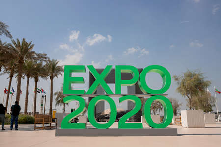 Dubai, United Arab Emirates - November 06, 2021: Entrance gate of Terra Sustainability Pavilion at the EXPO 2020 in the United Arab Emirates. Green sign EXPO 2020のeditorial素材