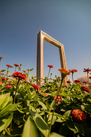 DUBAI; UNITED ARAB EMIRATES - November 08; 2021:  Dubai Frame - Museum is an architectural landmark in Zabeel Park UAE. The biggest picture golden frame on the planet.のeditorial素材