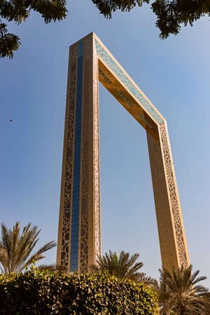 DUBAI; UNITED ARAB EMIRATES - November 08; 2021:  Dubai Frame - Museum is an architectural landmark in Zabeel Park UAE. The biggest picture golden frame on the planet.のeditorial素材