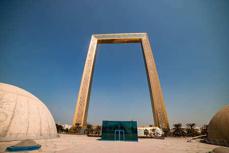 DUBAI; UNITED ARAB EMIRATES - November 08; 2021:  Dubai Frame - Museum is an architectural landmark in Zabeel Park UAE. The biggest picture golden frame on the planet.のeditorial素材