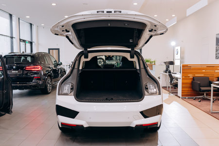 Vinnitsa, Ukraine - January 14, 2022. BMW IX - new model all-electric SUV car presentation in showroom - trunkのeditorial素材