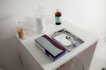 Cosmetic medical instruments. Vaccine for injection of drugs and disposable syringes. Professional cosmetologist concept.の写真素材