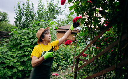 Senior woman gardener in a hat working in her yard and trimming flowers with secateurs. The concept of gardening, growing and caring for flowers and plants.の写真素材