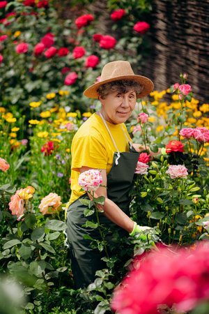 Portrait of a Senior woman gardener in a hat working in her yard with roses. The concept of gardening, growing and caring for flowers and plants.の写真素材