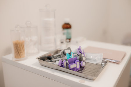 Cosmetic medical instruments. Vaccine for injection of drugs and disposable syringes. Professional cosmetologist concept.の写真素材