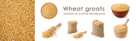 Wheat groats isolated on white background. A set of different compositions in one panorama. High quality photoの写真素材