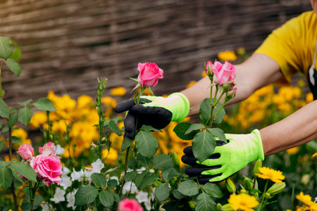 Gardener woman working in her yard. The concept of gardening, growing and caring for flowers and plants.の写真素材