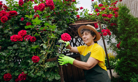 Senior woman gardener in a hat working in her yard and trimming flowers with secateurs. The concept of gardening, growing and caring for flowers and plants.の写真素材