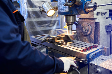 Process engineer working on cutting aluminium billet with machine.  Circular milling machine...