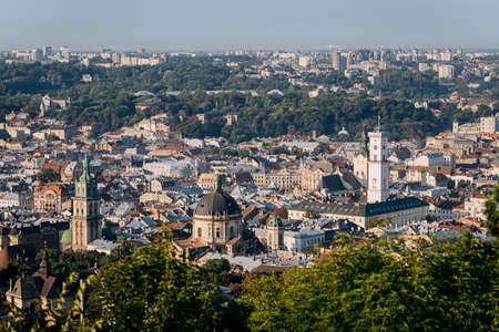 Panoramic view over the colorful roofs in Lviv from high Castle