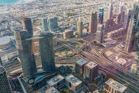 Dubai, UAE - November 08, 2021: Cityscape of Dubai, View on Downtown from At the top of Burj Khalifa