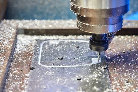 Cutting aluminium billet with machine.  Milling machine cutting metal profile.Steel industry.