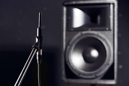 Sound acoustic testing in studio. The noise meter measures the volume of the speakers and the speaker system.の写真素材