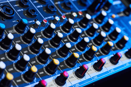 Audio sound mixer amplifier equipment, acoustic musical mixing engineering concept. Sound controller...