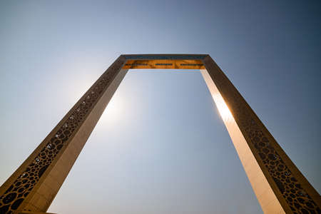DUBAI; UNITED ARAB EMIRATES - November 08; 2021:  Dubai Frame - Museum is an architectural landmark in Zabeel Park UAE. The biggest picture golden frame on the planet.のeditorial素材