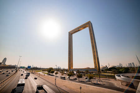 DUBAI; UNITED ARAB EMIRATES - November 08; 2021:  Dubai Frame - Museum is an architectural landmark in Zabeel Park UAE. The biggest picture golden frame on the planet.のeditorial素材