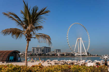 Dubai, UAE, November 2021, Panoramic view from JBR Beach over water towards Bluewaters Island with the Ain Dubai, the tallest and biggest observation or Ferris wheel in the world; people on beachのeditorial素材