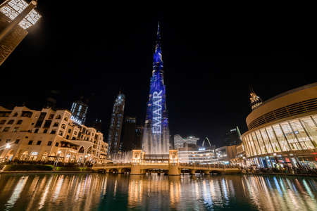 Dubai, UAE - November 12, 2021: Burj Khalifa and fountain in the night - is the tallest skyscraper in the world standing at 829.8m in Dubai, UAEのeditorial素材