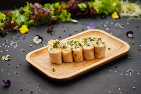 Snacks of pita bread with cheese and tomatoes. Variety mix of small sandwiches on dark background. Photo for restaurant menuの写真素材
